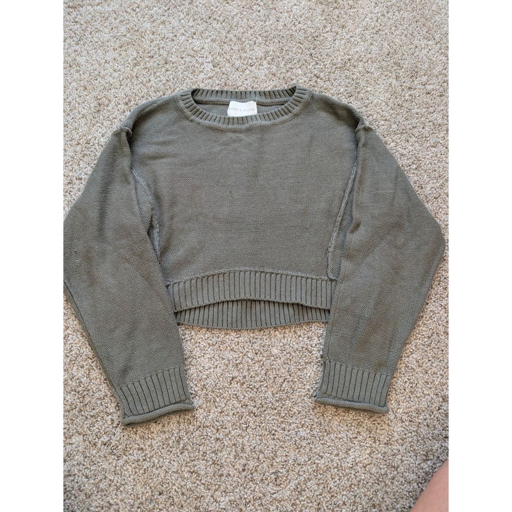 Sage + Stone Olive Green Cropped Knit Sweater Crew Neck Raw Seam Mens Size M